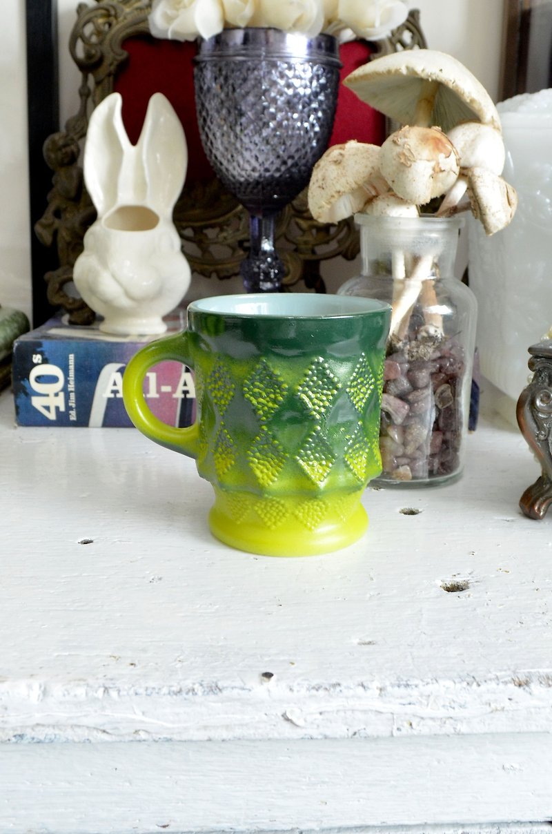 FIRE KING 青绿 x 芥末黄色 菱格咖啡杯 60年代古董 玻璃制品 MUG - 咖啡杯/马克杯 - 玻璃 绿色