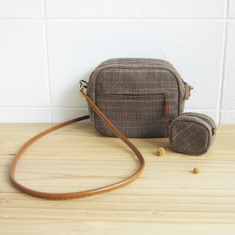 Goody Bag / A Set of Cross-body Bag Little Tan Mini Bag with Little Coin Bag in Brown Color Cotton - 侧背包/斜挎包 - 棉．麻 咖啡色
