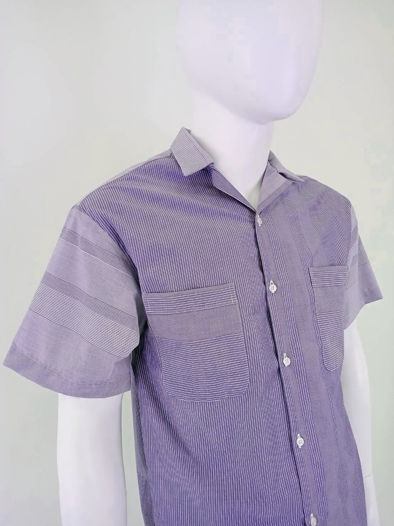 (现货)男宽版紫蓝色拼接条纹短袖衬衫 - 男装衬衫 - 棉．麻 
