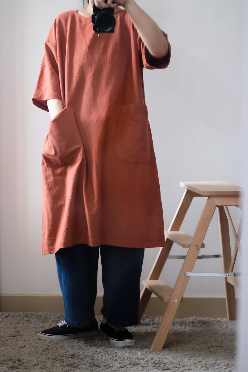 鲑鱼柑橘红 长版洋装 - 洋装/连衣裙 - 棉．麻 红色