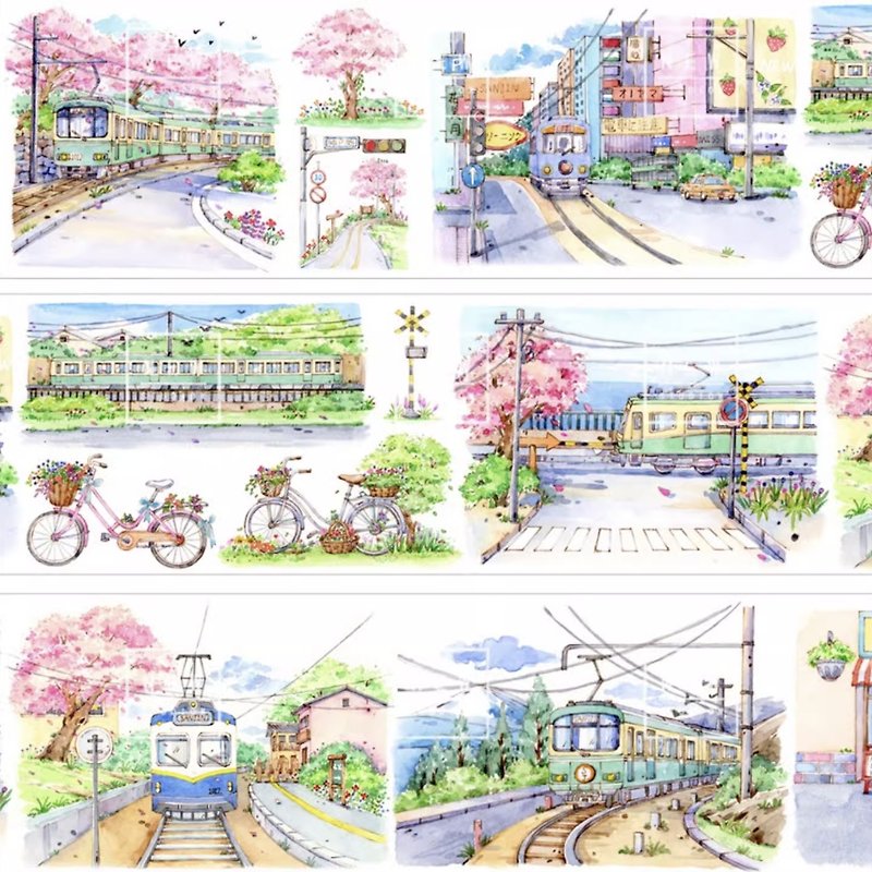 单车电车 復古日式街道 水彩畫造景 和紙膠帶 台灣製 10米卷 - 纸胶带 - 其他材质 多色