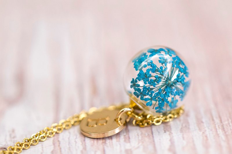 蓝雪珠花 英文圆牌 玻璃球 不锈钢防敏项链/金  - 项链 - 玻璃 蓝色