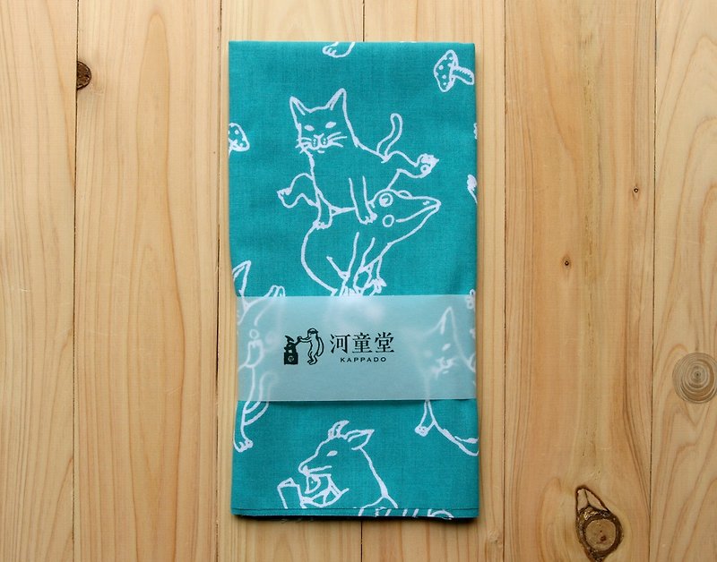 猫とカエルの手ぬぐい　ターコイズ - 丝巾 - 棉．麻 绿色