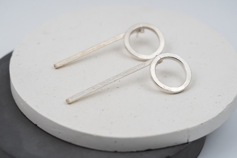 银 耳环/耳夹 银色 - Line-circle silver geometric stud earrings (STE16)