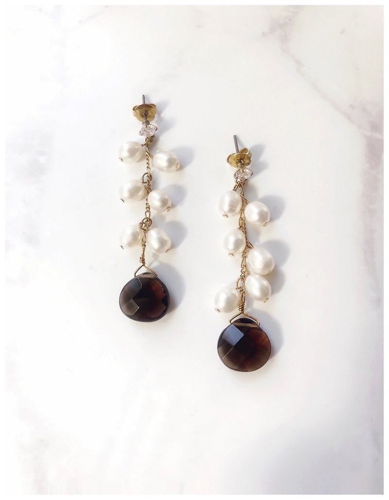 +茶晶·锆石·珍珠·垂坠式耳环+ - 耳环/耳夹 - 宝石 黑色