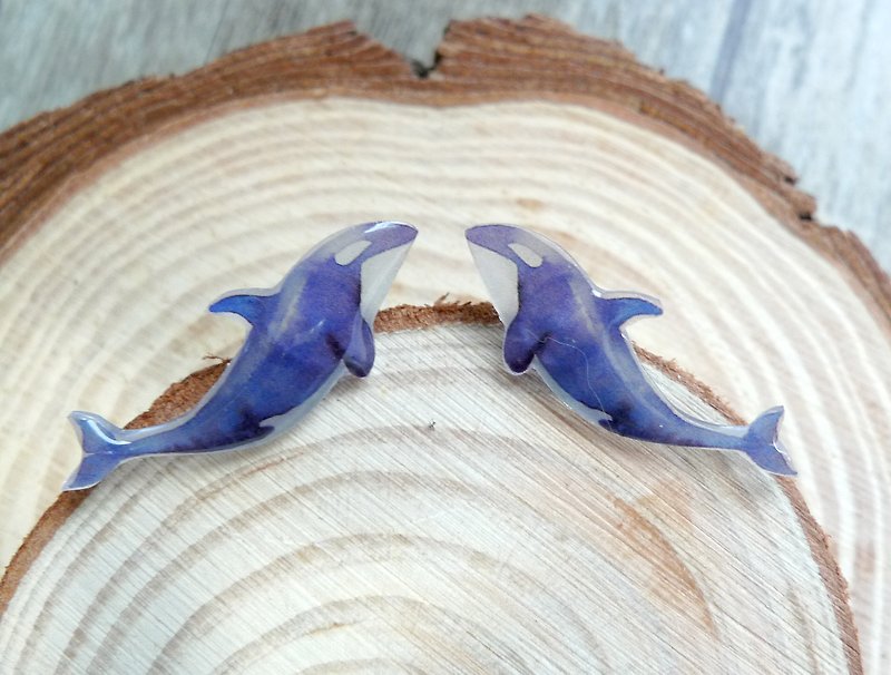 Misssheep-U85 鲸鱼之吻 水彩手绘风格 鲸鱼 手作耳环 (耳针/耳夹) (一对) - 耳环/耳夹 - 塑料 蓝色
