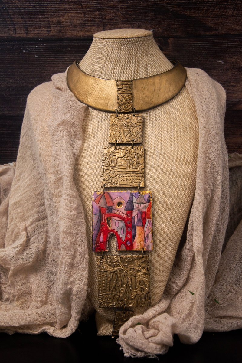 Klimt Statement necklace Bib necklace bright necklace fairy house necklace - 项链 - 塑料 多色