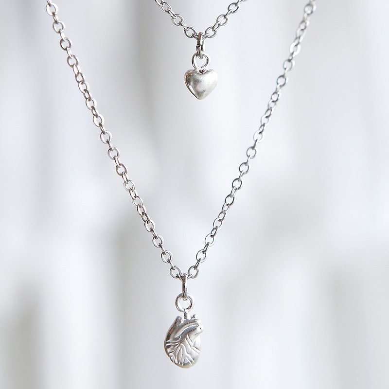 Sterling Silver Anatomical Heart & Heart Shaped Pendants, Sterling Silver Heart Pendant, Heart Layered Necklace - 项链 - 其他金属 银色