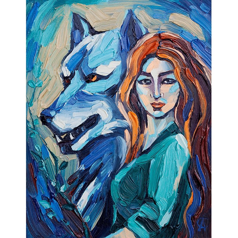 女孩和狼 绘画 动物 原创艺术 小艺术品 手工制作 墙面艺术 - 海报/装饰画/版画 - 其他材质 蓝色