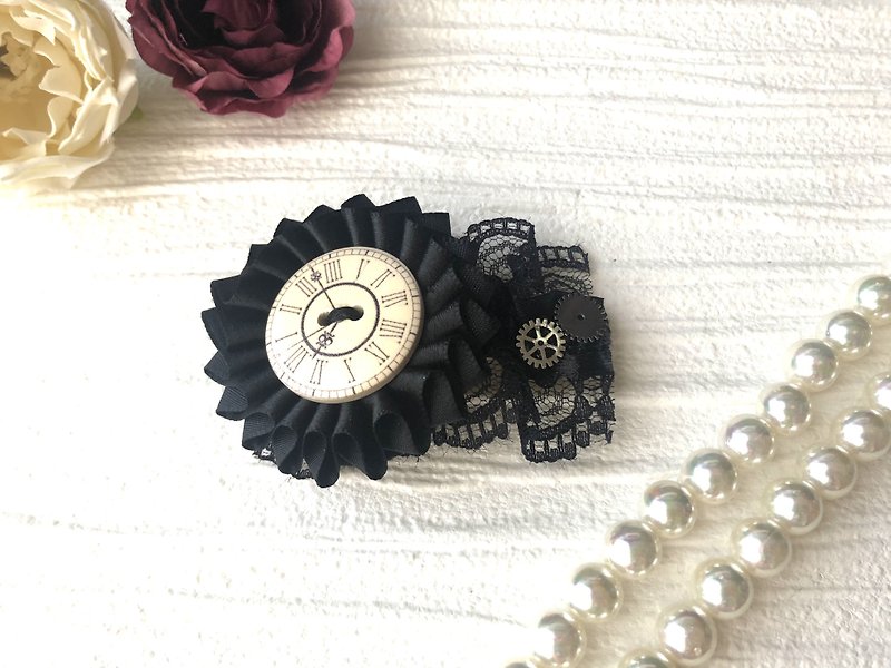 ロゼット　バレッタ　リボン　時計　ブラック　レース - 发饰 - 聚酯纤维 黑色