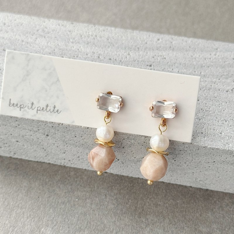 天然珍珠 切面橙月光石 粉色系耳环 姊妹 生日礼物 - 耳环/耳夹 - 铜/黄铜 橘色