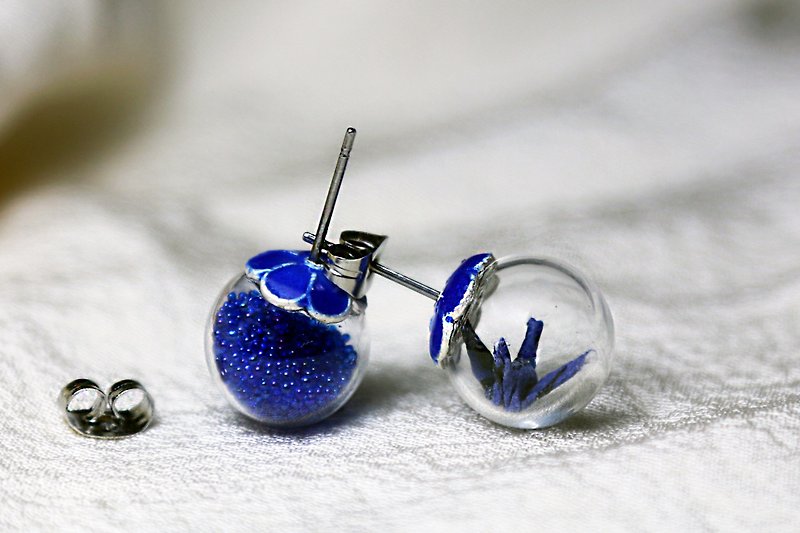 迷你纸鹤玻璃球耳环（白梅青鸾）- 情人节礼物 - 耳环/耳夹 - 纸 蓝色