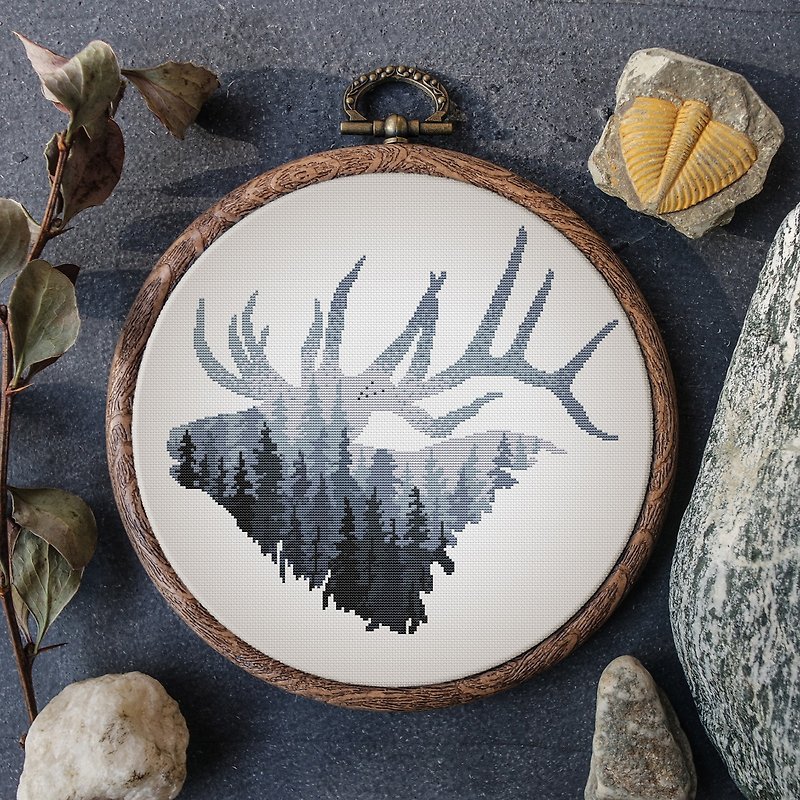 Landscape Cross Stitch Pattern Modern Nature Forest Deer Embroidery Pattern PDF