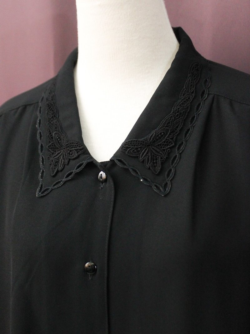 复古日本制典雅素色纯色刺绣翻领黑色宽松长袖古着衬衫 - 女装衬衫 - 聚酯纤维 黑色