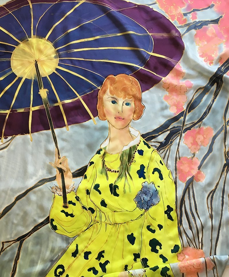 Hand painted silk scarf- The Lady in Lime Dress Luxury shawl - 丝巾 - 丝．绢 多色