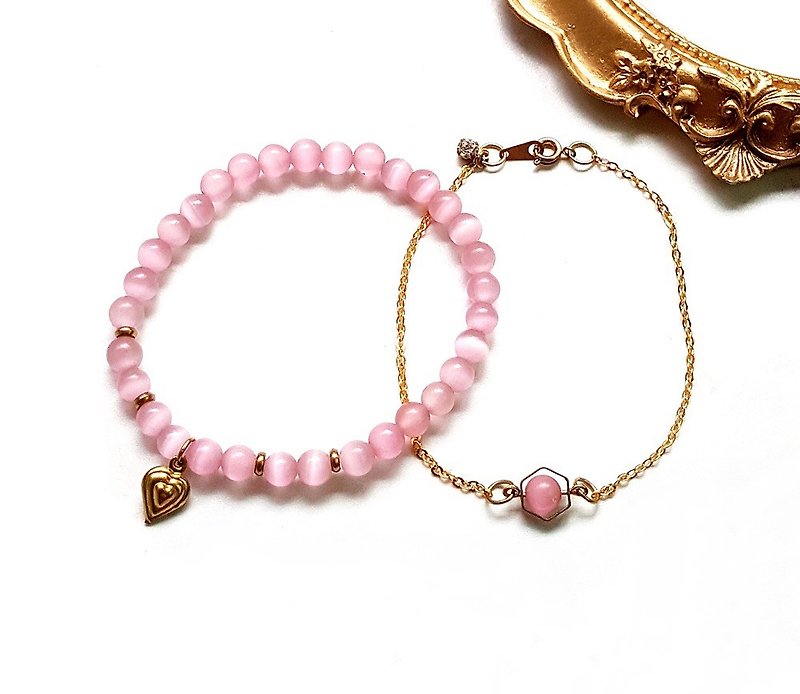粉色猫眼石黄铜手链套组 一组两条  定制化手链 - 手链/手环 - 铜/黄铜 粉红色