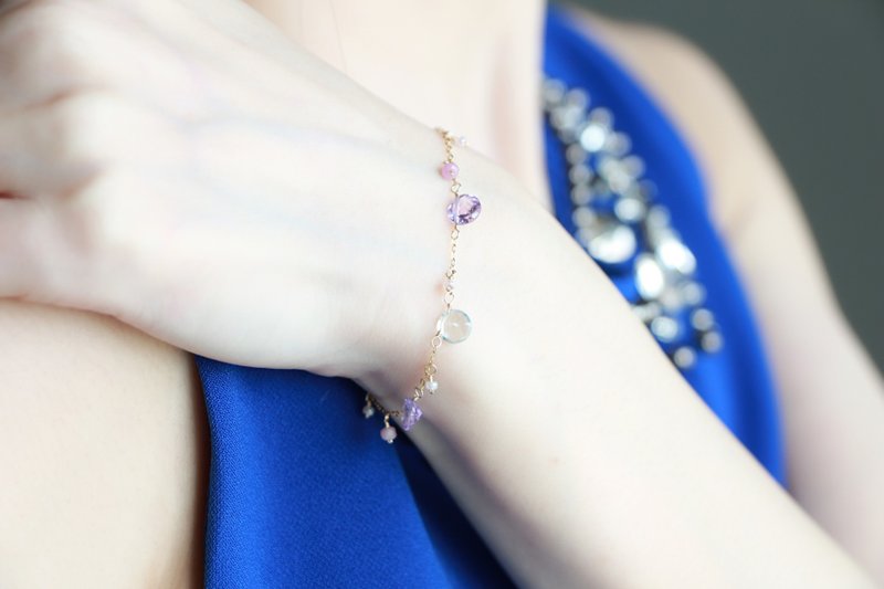 Ruby Rose amethyst Aquamarin bracelet-14kgf - 手链/手环 - 宝石 多色