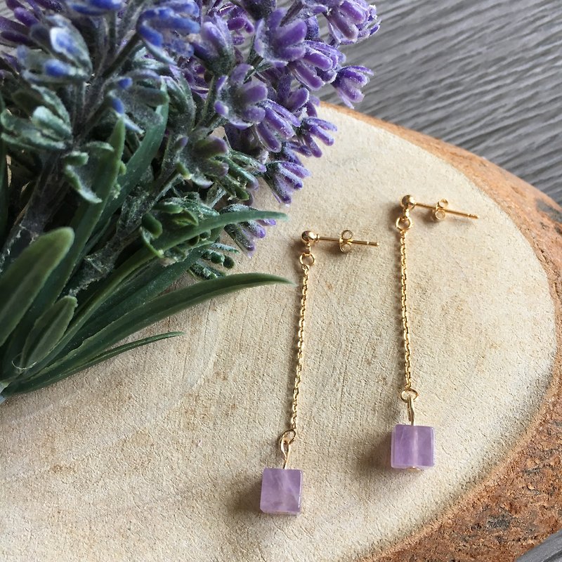 宝石 耳环/耳夹 紫色 - 14k金链条紫水晶方耳环
