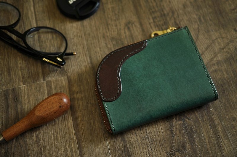 L型拉链零钱包 绿＋焦茶 [欧洲植鞣/限量/手缝][17010] - 零钱包 - 真皮 绿色