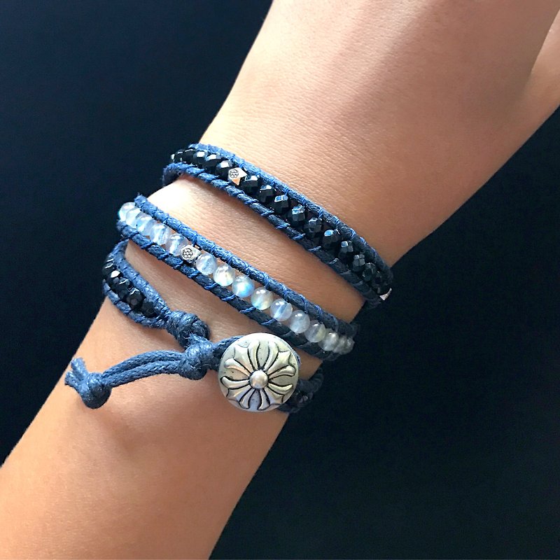宝石 手链/手环 蓝色 - 天然石编织手环-蓝黑系/三圈 月光石 黑玛瑙 定制化商品