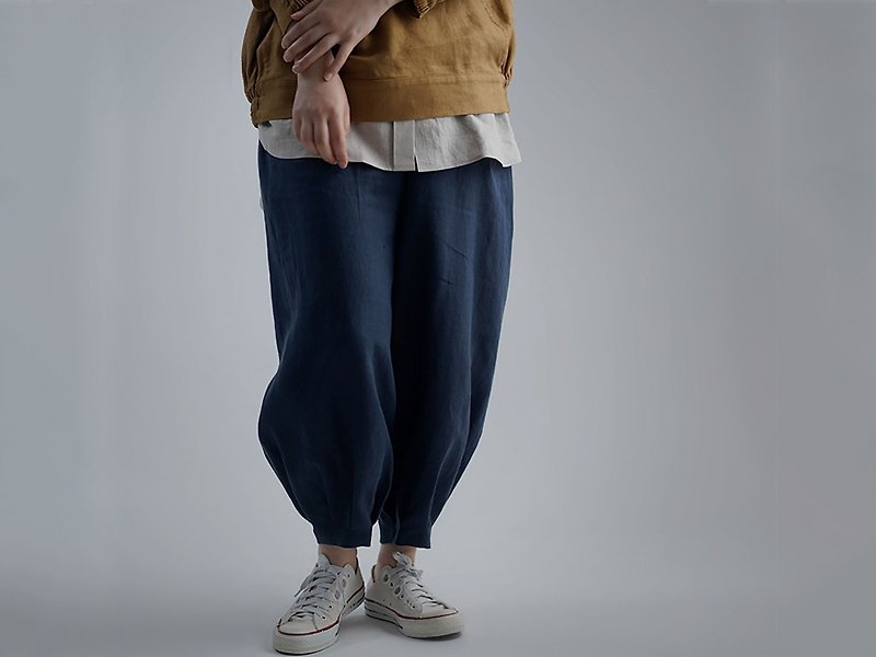 【wafu】Linen Pants 裾タック ボトムス ヨガパンツにも/留紺(とめこん) b013a-tmk1 - 女装长裤 - 亚麻 蓝色