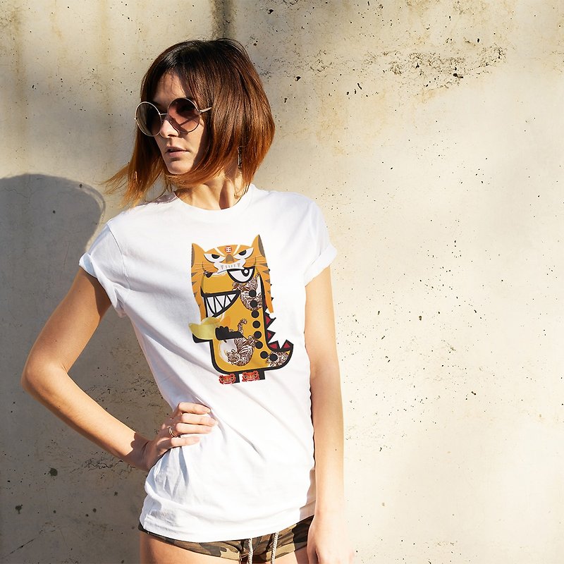 Rawr the Tee-Rex and the Chinese Zodiac Tees - Tiger - 女装 T 恤 - 棉．麻 白色