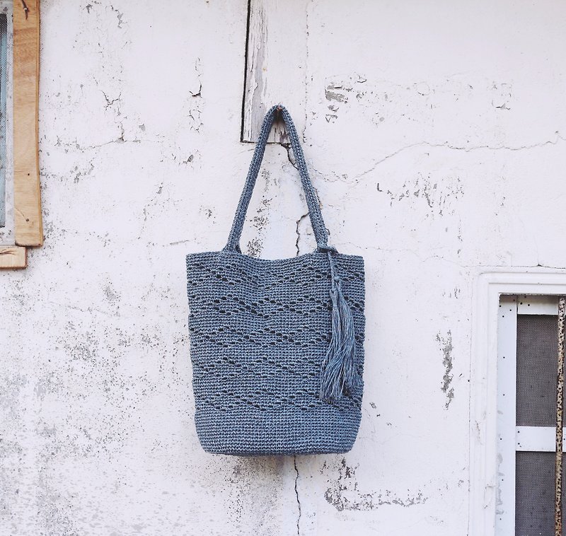 【订制】Handmade手工编织/纸草绳编织肩背包/购物袋/流苏 - 手提包/手提袋 - 纸 蓝色