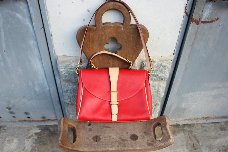 B115[Vintage皮包](意大利制皮标)红色手提肩背背包(Made in Italy) - 侧背包/斜挎包 - 真皮 红色