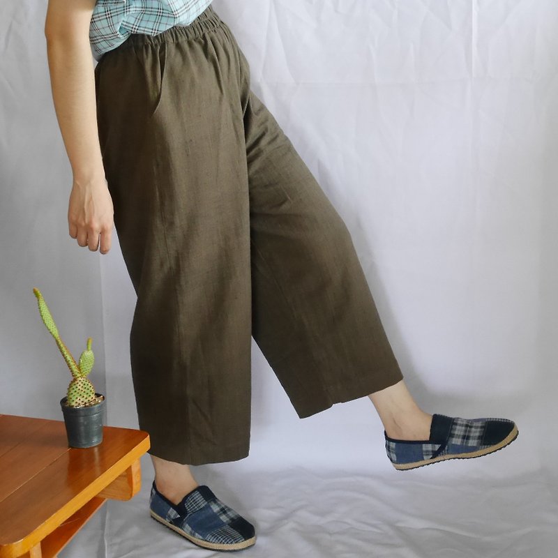 hand-woven cotton fabric long pants (dark brown) - 中性裤装 - 棉．麻 咖啡色