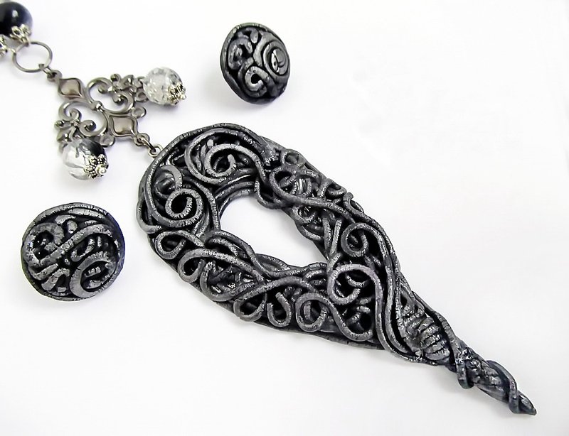 Pagan pendant earrings Wicca jewelry set Esoteric pendant Magical black pendant - 长链 - 粘土 黑色