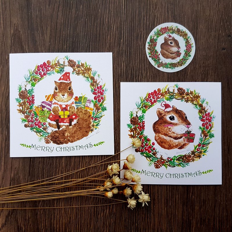 【冬季限定】小松鼠花圈圣诞小卡 - 卡片/明信片 - 纸 绿色