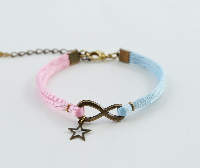 Light pink/Light blue rope with brass Infinity and star bracelet - 手链/手环 - 其他材质 粉红色