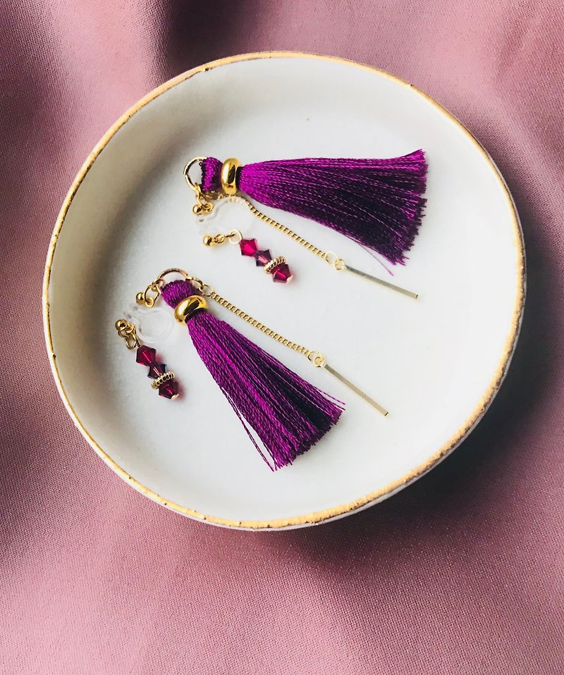 piper - 耳环/耳夹 - 绣线 紫色