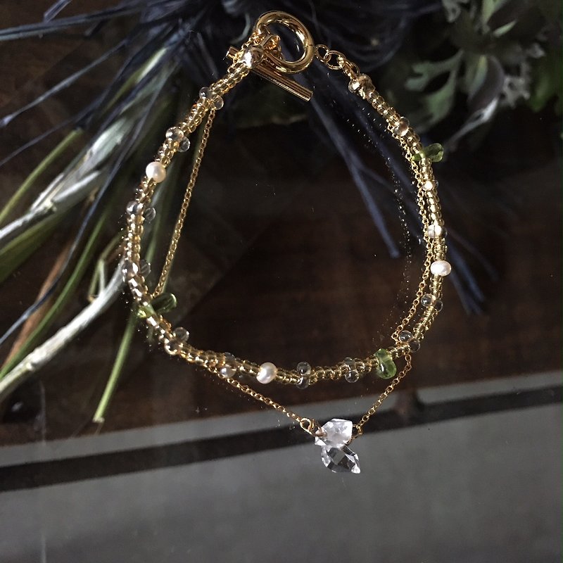 原石のハーキマーダイヤモンドとビーズ2連ブレスレッド - 手链/手环 - 水晶 透明