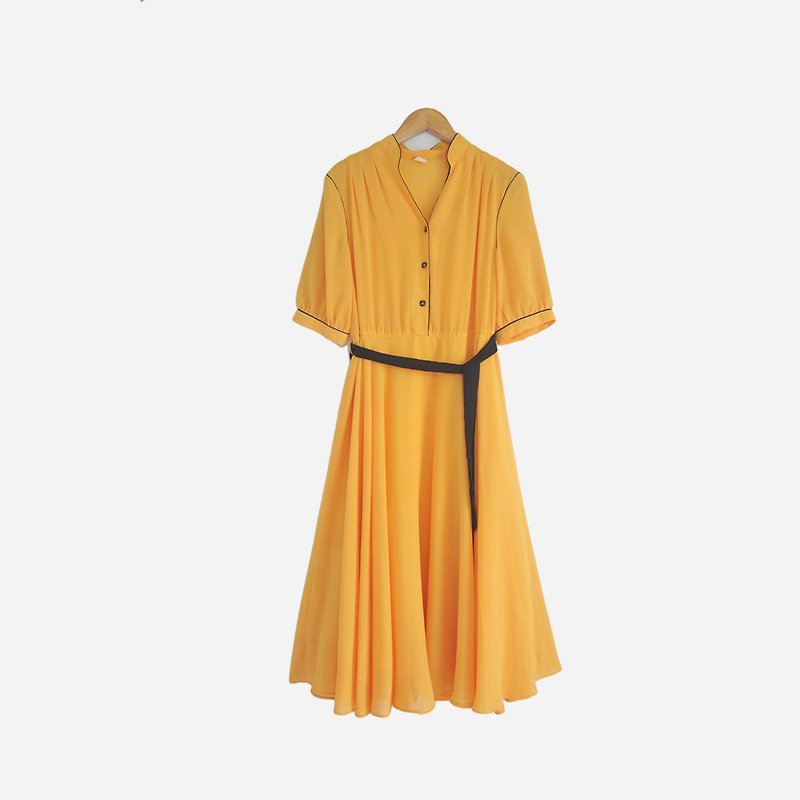 脱臼古着 / 雪纺短袖洋装 no.870 vintage - 洋装/连衣裙 - 聚酯纤维 黄色