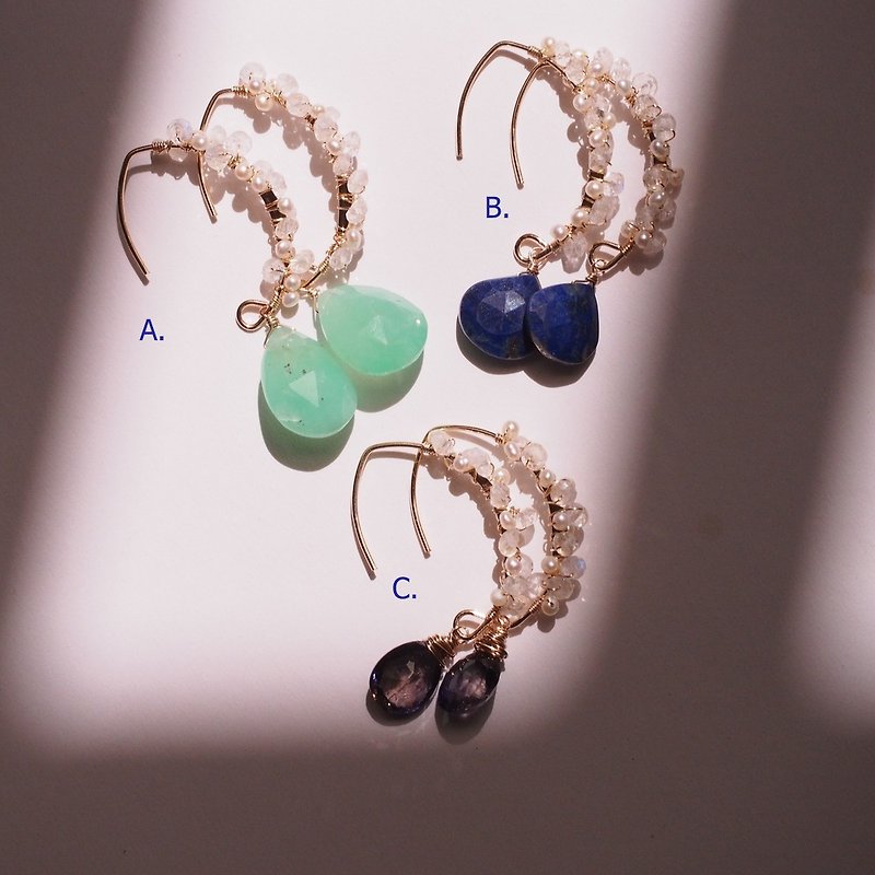 14K GF 澳洲绿玉髓 青金石 蓳青石 月光石 淡水珍珠 手工组合造型 - 耳环/耳夹 - 半宝石 蓝色