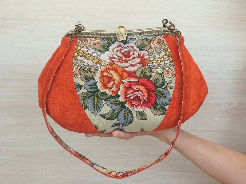 Orange floral bag Top handle bag Vintage bag with flower Retro bag with strap