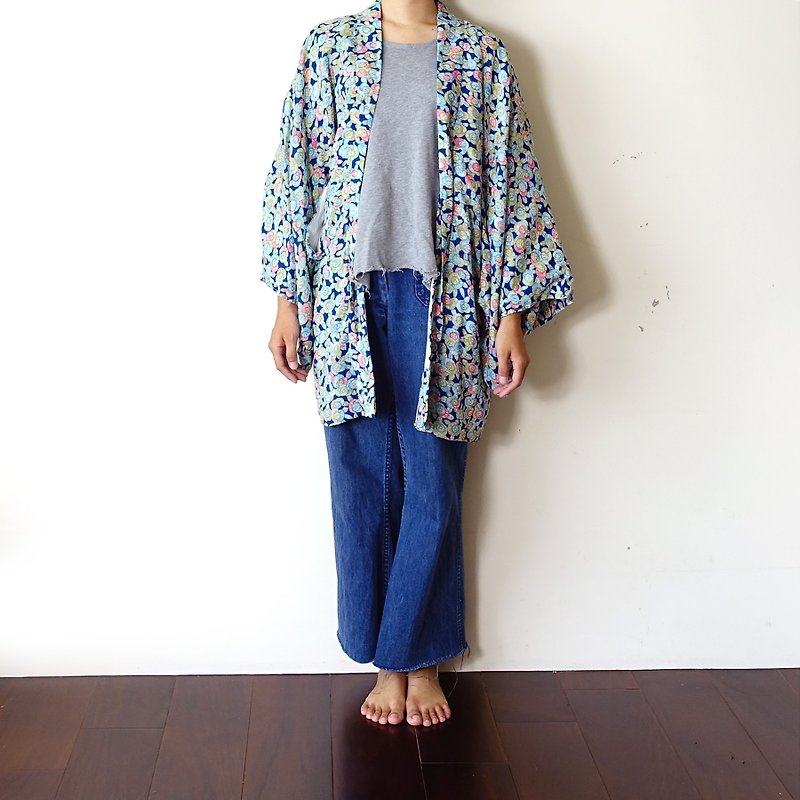 BajuTua /古着/ 荷叶圈圈 蓝绿色和服外套 haori kimono - 女装休闲/机能外套 - 羊毛 蓝色