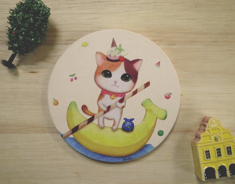 ChinChin 手绘猫咪陶瓷吸水杯垫 - 香蕉圣代 - 杯垫 - 其他材质 黄色