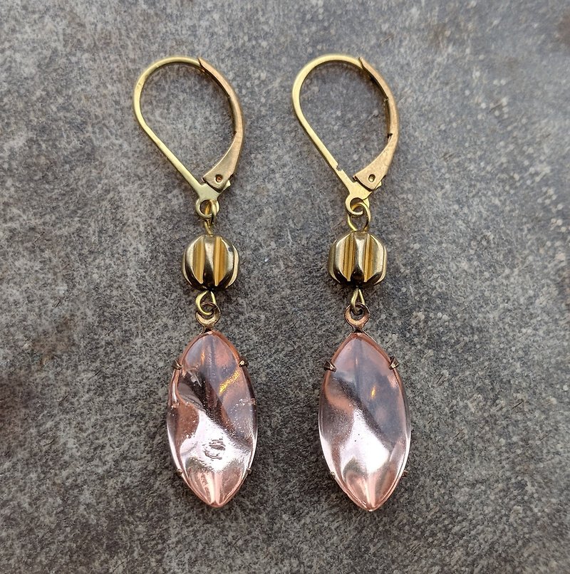 粉红古董玻璃黄铜耳环 - 耳环/耳夹 - 玻璃 粉红色
