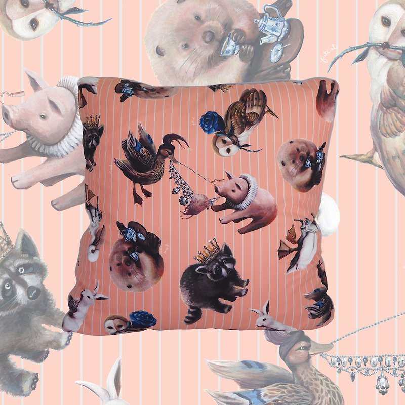 Animal Tea Party Pillowcase (Pastel Pink & Baby Blue Stripe) - 枕头/抱枕 - 聚酯纤维 粉红色