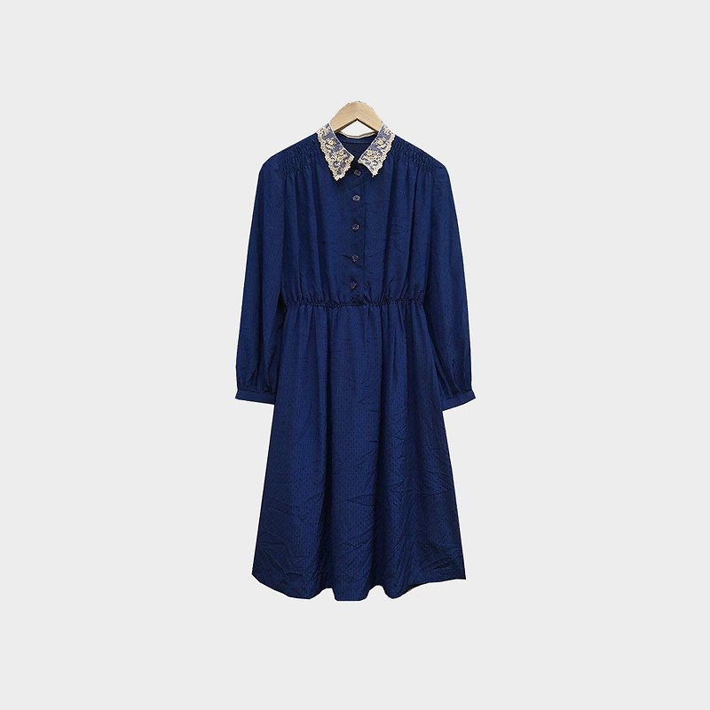 脱臼古着 / 蕾丝领口深蓝洋装 no.035 vintage - 洋装/连衣裙 - 聚酯纤维 蓝色