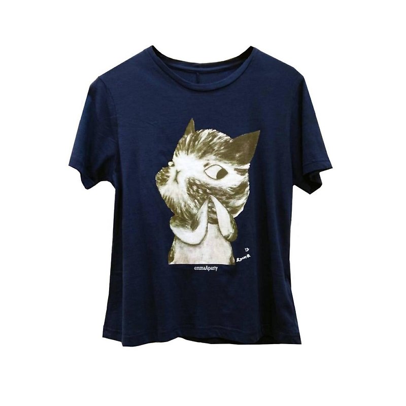 emmaAparty插画T:折手指猫咪(短版限量款) - 女装 T 恤 - 棉．麻 蓝色