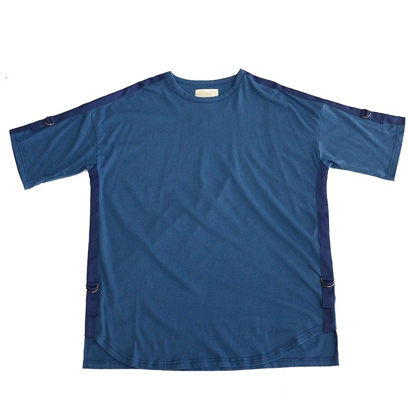 蓝色 织带配饰 松身落肩 T恤 - 男装上衣/T 恤 - 棉．麻 蓝色