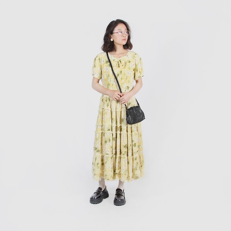 【蛋植物古着】魔幻雏菊蕾丝蛋糕裙印花古着洋装 - 洋装/连衣裙 - 聚酯纤维 黄色
