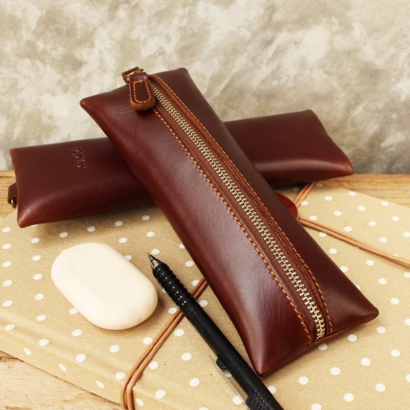Pencil case - Flat - Brown (Genuine Cow Leather) / Pen case / Accessories case - 铅笔盒/笔袋 - 真皮 