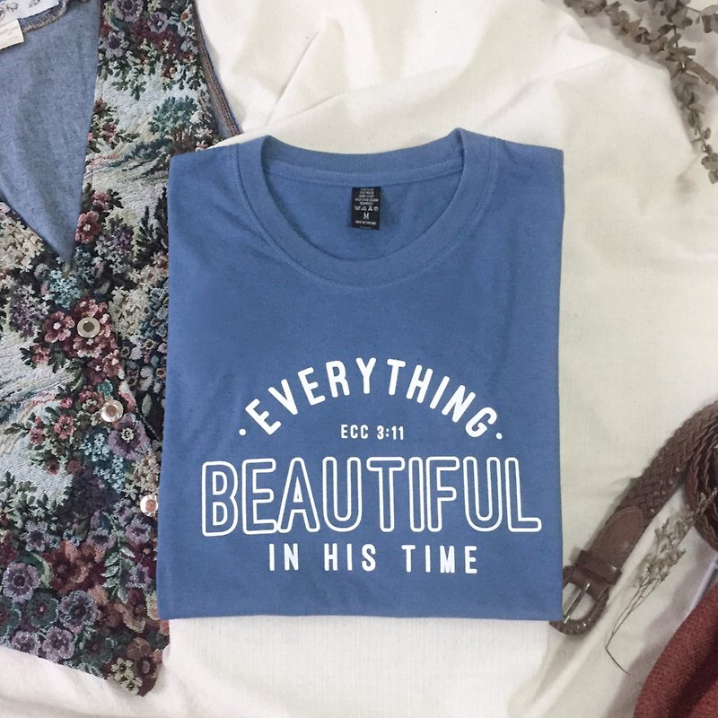 Beautiful In His Time Design T-shirt - 其他 - 棉．麻 蓝色
