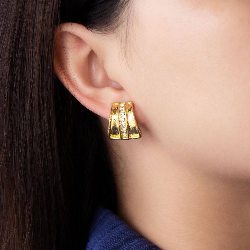 美国古董 梯形厚金质感镶莱茵石 镀金耳夹 - 耳环/耳夹 - 其他金属 金色