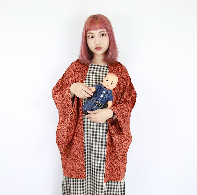 Back to Green-日本带回羽织和服 砖橘色满版网格/vintage kimono - 女装休闲/机能外套 - 丝．绢 