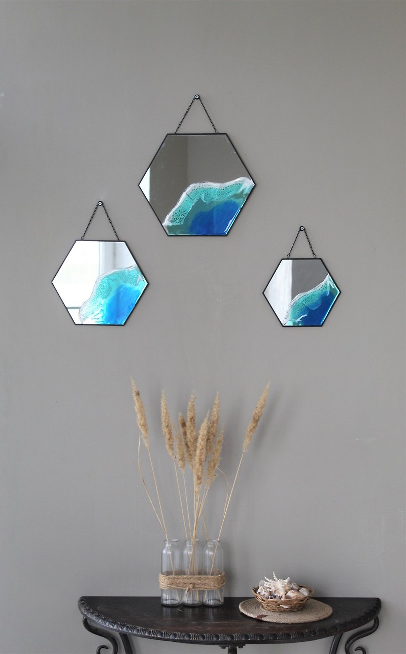 Set of 3 decorative mirrors, Mirrors with the sea, Nautical decor - 墙贴/壁贴 - 玻璃 蓝色
